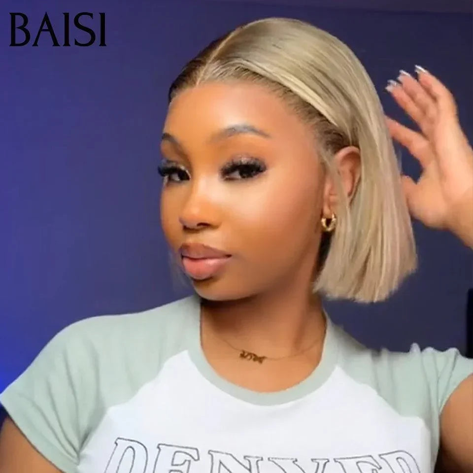 BAISI Perruque 4x4 coupe à la mode couleurs 1B/#70 8 pouce Pré-plucked Sans Colle Lace déjà couper 100% Cheveux humains