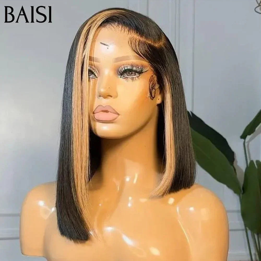 BAISI 15A SDD BONE STRAIGHT 13X4 Straight Bob Peruca em mistura # 1B / 27 Luxo 300% densidade pré-arrancada Sem necessidade de cola em cabelo 100% cru Renda já cortada