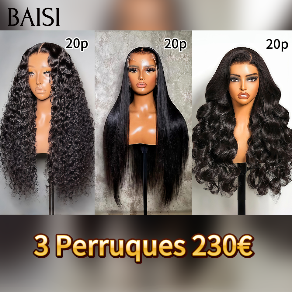 BAISI 3 Perruques 230€ Facile à Revendre PROMO Prix Grossite 13x4 lace 20 Pouces Lisse et Body wave et curly wave en 100% Cheveux Humains