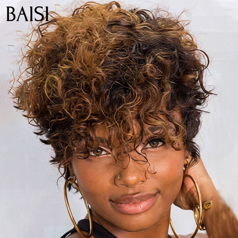 BAISI Perruque Frisée Curly 79€ Seulement Sans Colle Sans Lace Coupe En Frange Osante Couleur Noir et Marron 1B27# en 100% Cheveux Humains