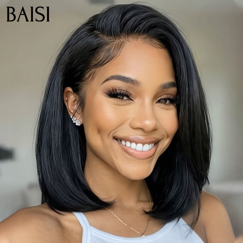 BAISI vente flash perruque bob carré frontale 12 pouce ou pixie chioma finger wave 55€ ou 2 Perruques 85€ 13X4 lace noir et Marron pixie moitié prix en 100% vrais cheveux humains MP50