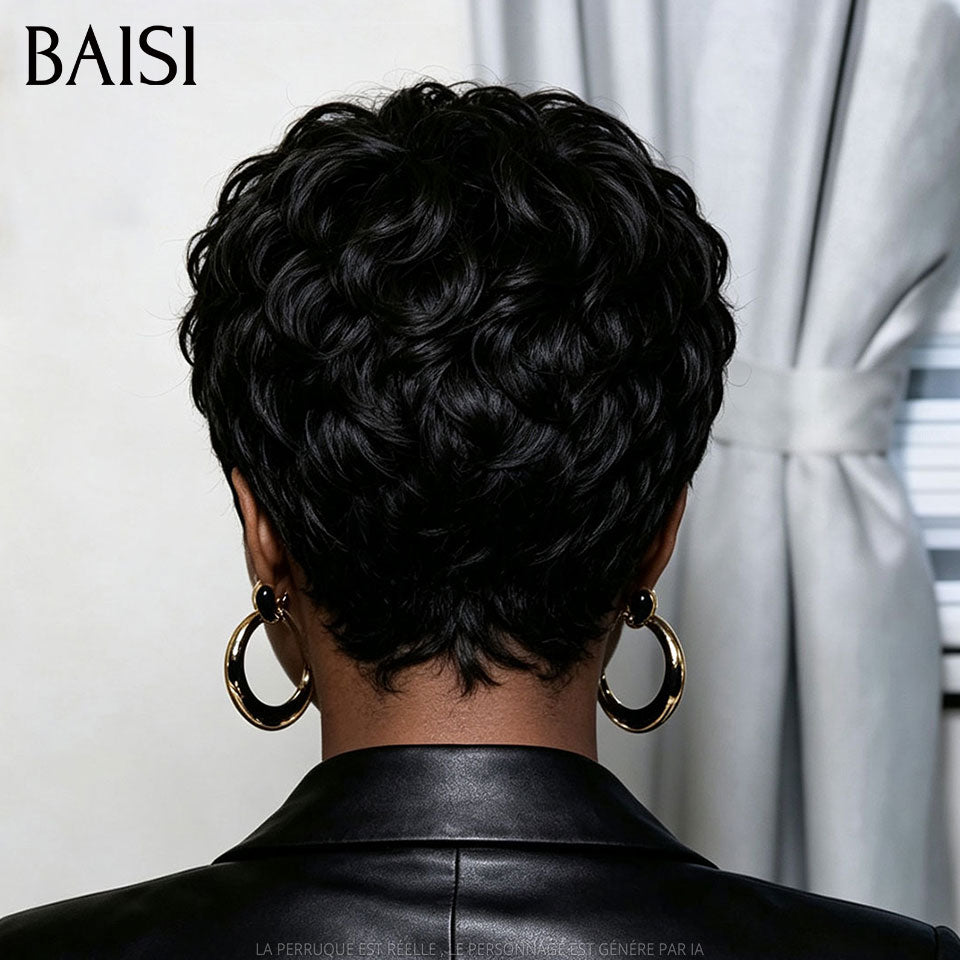 BAISI  Perruque Chiomas 59€ Pixie Finger Wave petite coupe Lace Frontale en Couleur NOIR 68€ En 100% Cheveux Humains