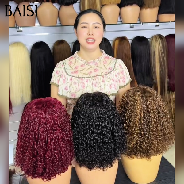 BAISI  13x4 Lace Frontal ou 4x4 Lace Closure Perruque BOB Curly 3 Différentes Couleurs  Noir 1B# ou Marron mixte 4/27# ou Rouge bordeaux 99J# Qualité de Luxe en 100% Cheveux humains