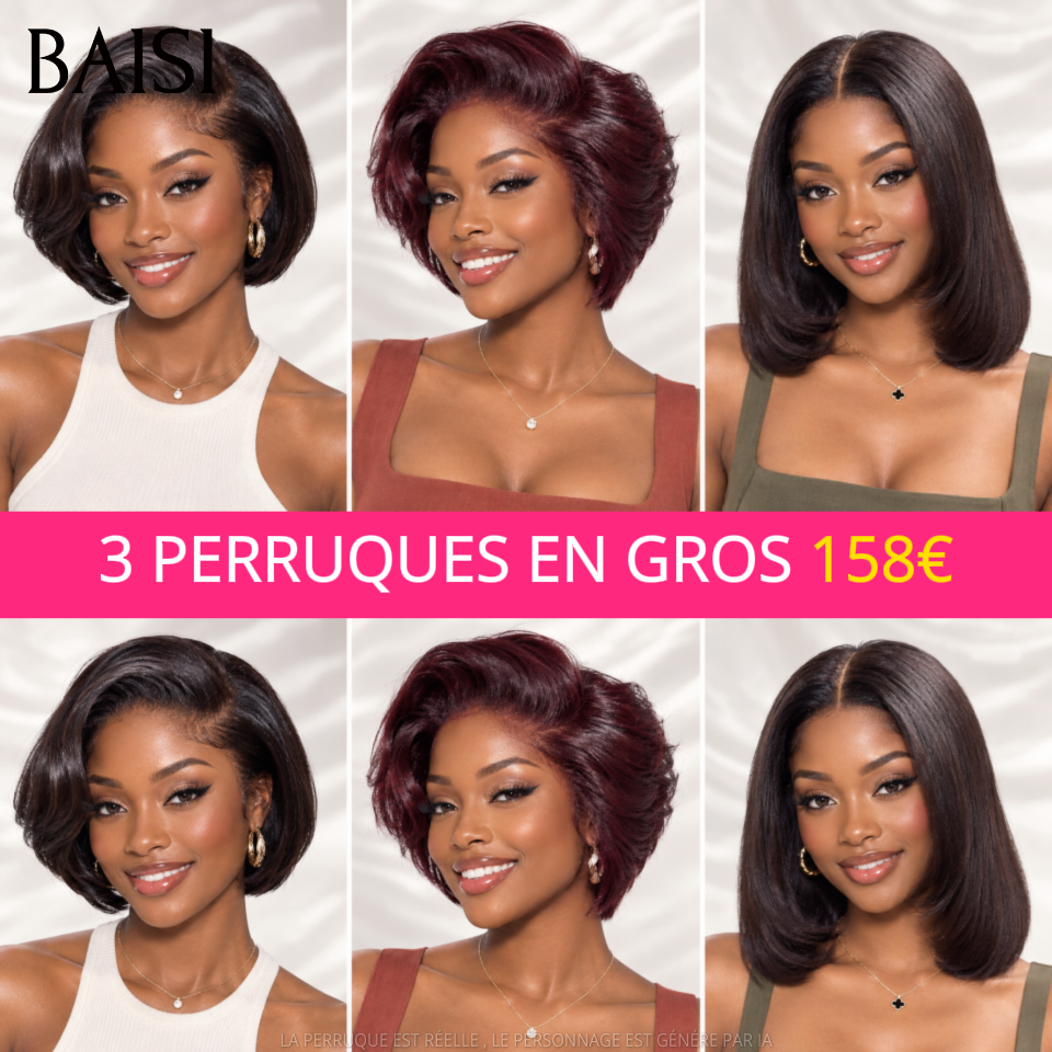 BAISI Lot de 3 Perruques en Gros 158€ pour revendre moitié prix Lisse BOB 13x4 lace Lisse en couleur NOIR et Bordeaux et 4x4 lace Lisse 10 Pouces en 100% vrais cheveux humains mp50