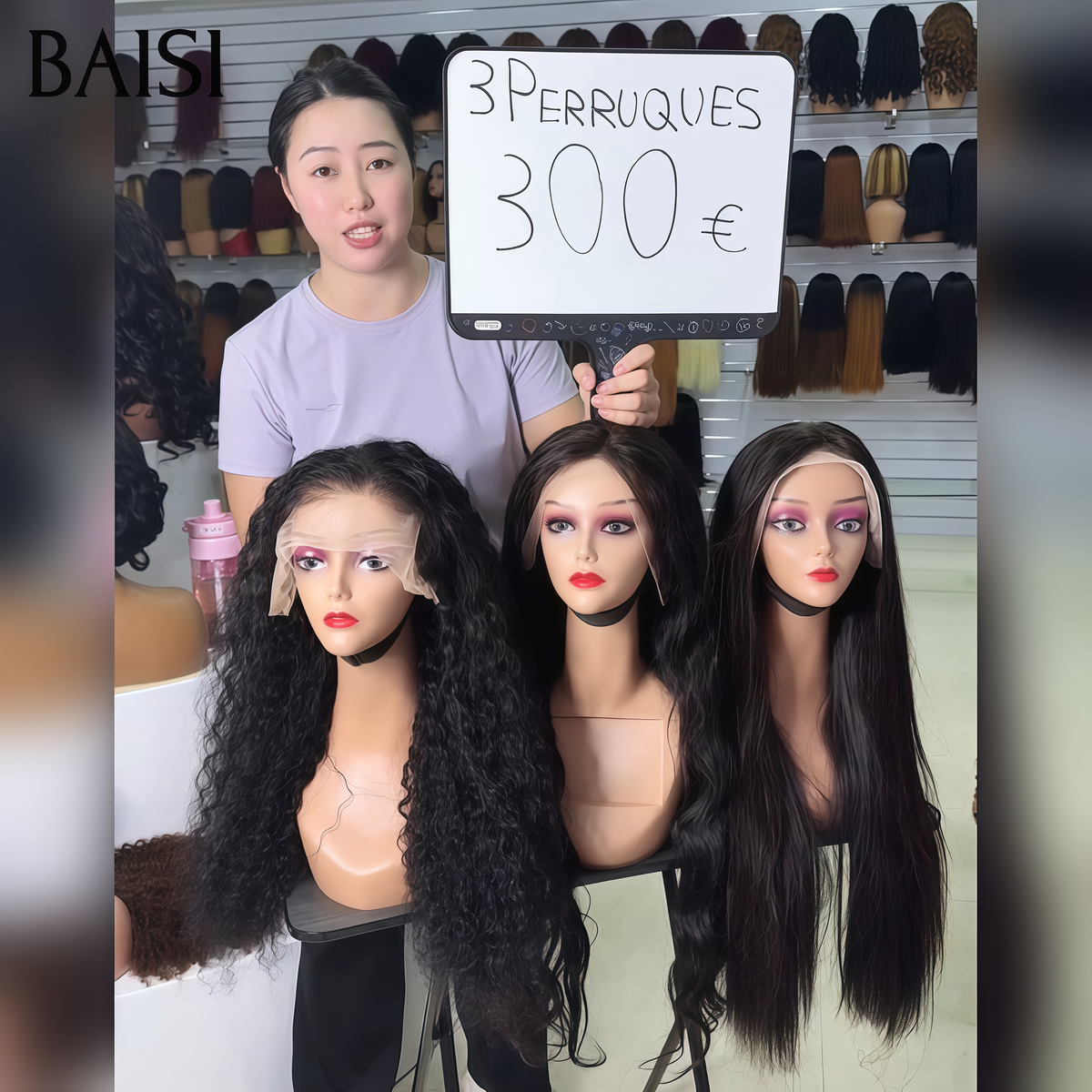 BAISI 13x4 Lace Lot 3 Perruques 300€ Noir 18Pouces Lisse+Curly+Body Wave Ou Lot de 3 Perruques 360€  Bob 10Pouces + Bodywave 16pouces + Lisse Miel 20Pouces en 100% Cheveux Humains