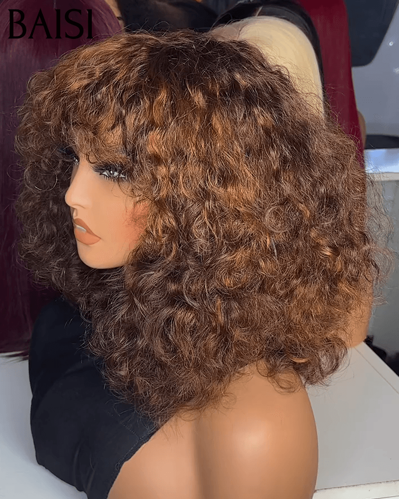 BAISI Perruque en France TVA 0€ Livraison gratuite 2-3 jours en Europe conbinée à petit prix 116€ ou 1 perruque curly wave avec Frange 12 Pouces Marron en 100% cheveux humains de bonne qualité livraison rapide