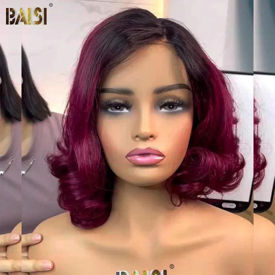 BAISI Achetez 2 perruques minimum au prix d'usine fournisseur 13X4 lace perruque egg wave en couleur 4T30#14 Pouces ou13x6 Lace Frontal Perruque Curly 28 pouce en Noir  et 4X4 1BT99J 10 poucesen 100% Cheveux Humains