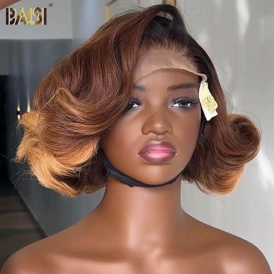 BAISI 4X4 Bob-Körperwellenperücke in gemischter #4#27-Perücke, vorgezupft, kein Kleber erforderlich, aus 100 % Rohhaar, Spitze bereits geschnitten