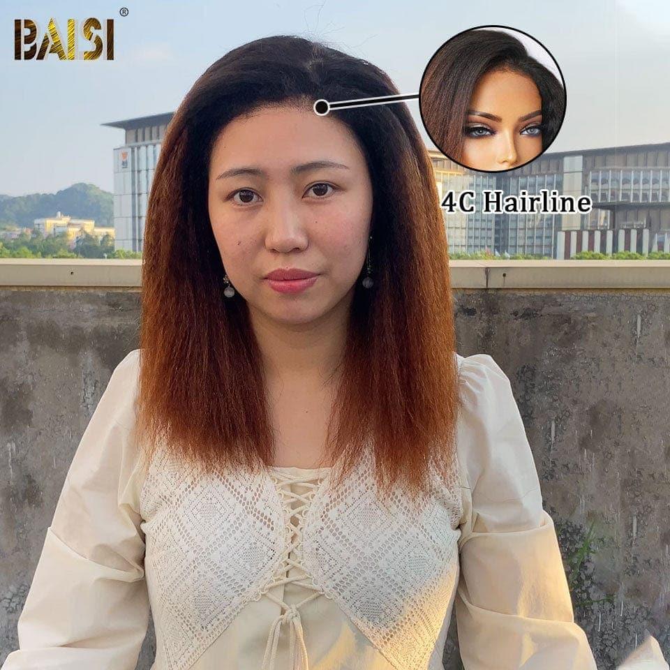 BAISI 4x4 Bob Wig Kinky Straight Brown 1BT4 # em alta qualidade com cabelo natural de bebê pré-arrancado sem necessidade de cola em cabelo 100% cru Renda já cortada linha fina 4C