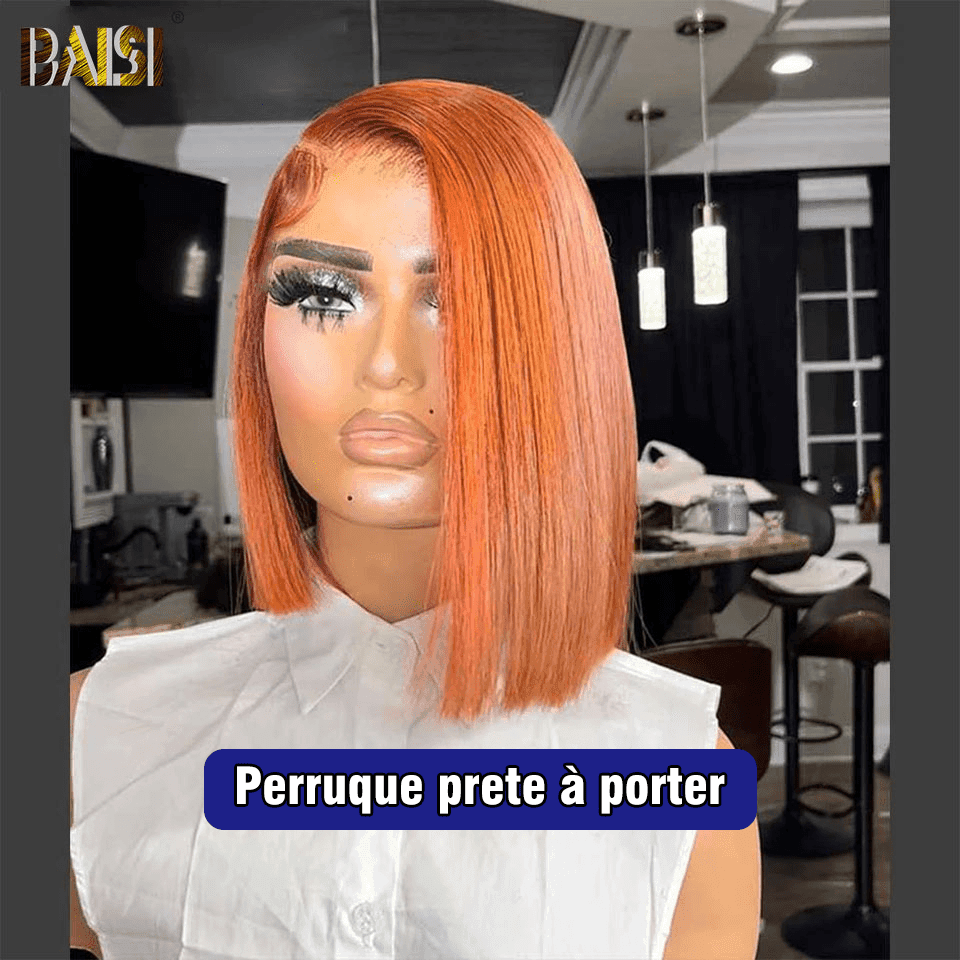 Peluca Bob recta BAISI 4X4 en naranja #350 pre-arrancada No se necesita pegamento en encaje de cabello 100% crudo ya cortado