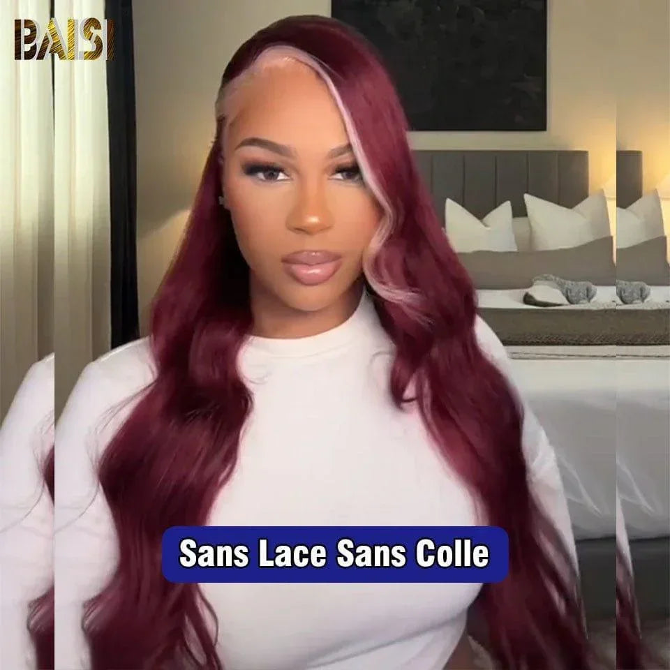 BAISI 4x4 Body Wave Wig In color 1b burgundy blonde highlights 613 Glueless Lace already cut Easy to Wear in 100% Human Hair