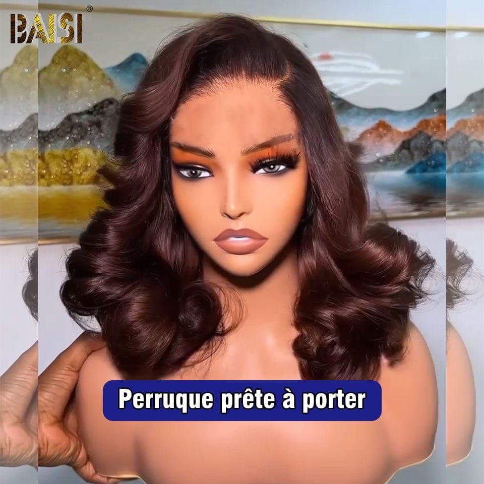 BAISI 4X4 Bob Body Wave Perücke in Braun #4 vorgezupft, kein Kleber erforderlich, in 100 % Rohhaar, Spitze bereits geschnitten