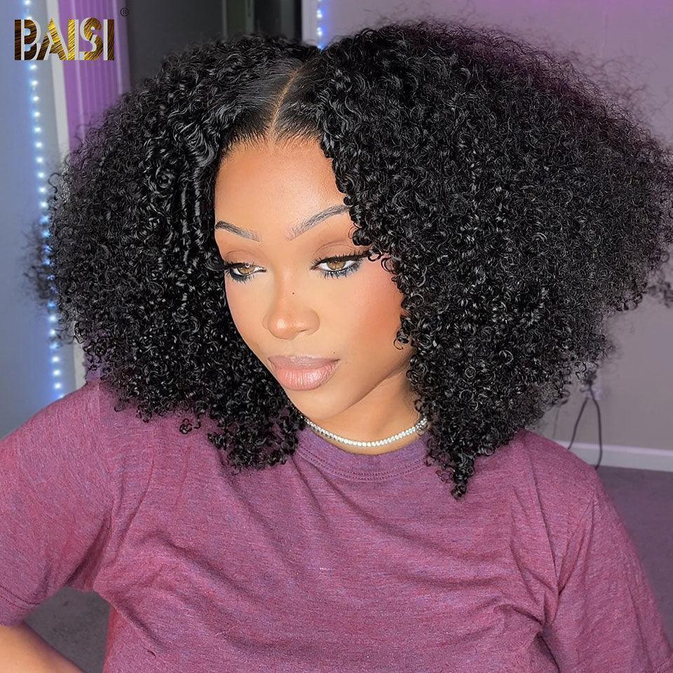 BAISI 4x4 Bob Deep Wave Wig 10 Inch in Black Glueless Lace Front Wig Easy to Wear 100% Human Hair D