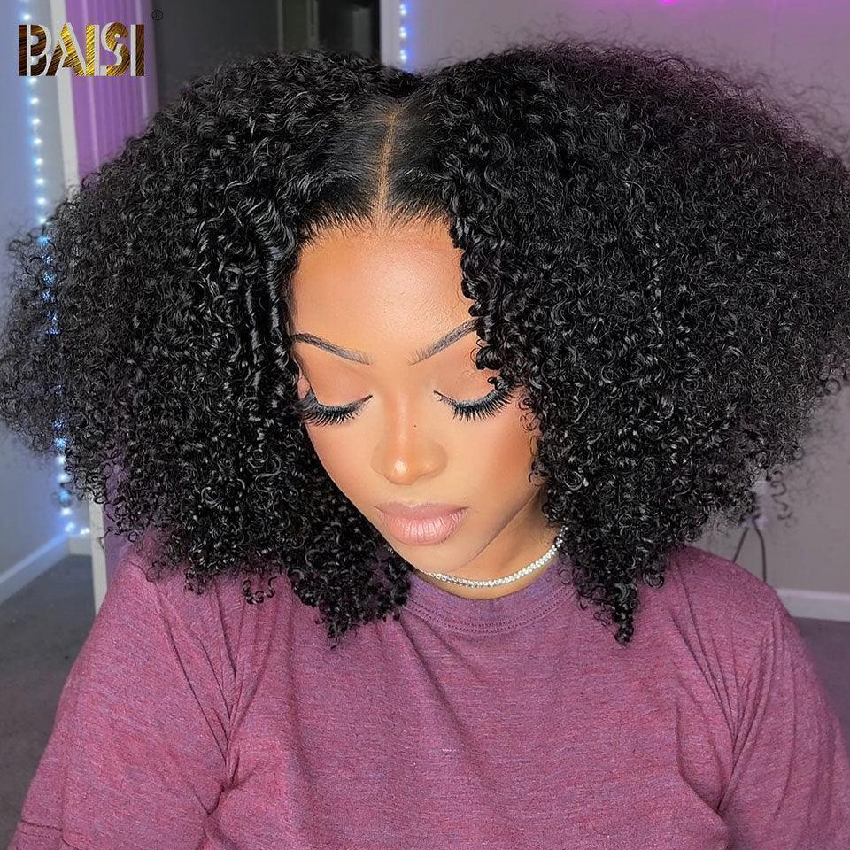 BAISI 4x4 Bob Deep Wave Wig 10 Inch in Black Glueless Lace Front Wig Easy to Wear 100% Human Hair D
