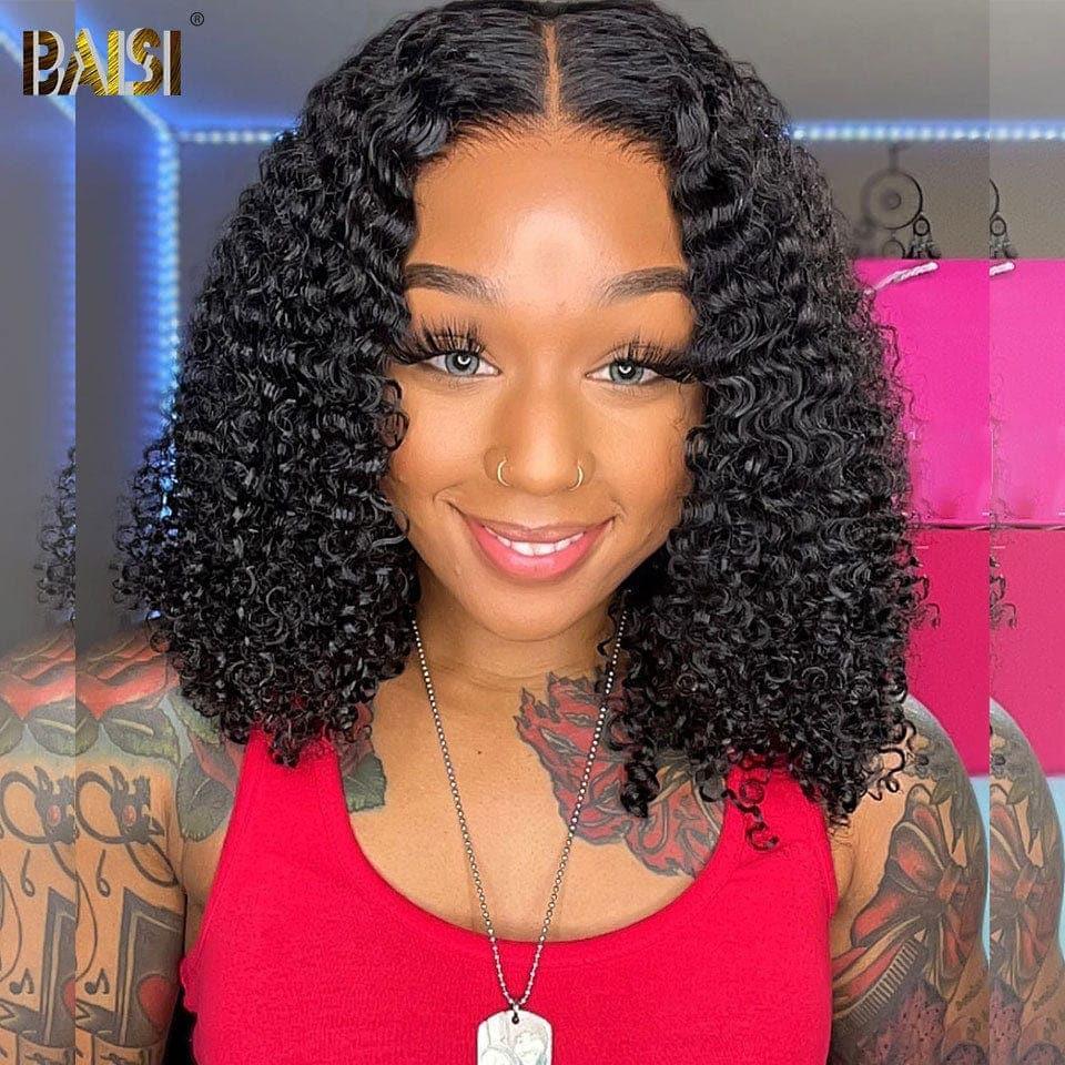 BAISI 4x4 Bob Deep Wave Wig in Black Glueless Lace Front Cut Easy to Wear 100% Human Hair