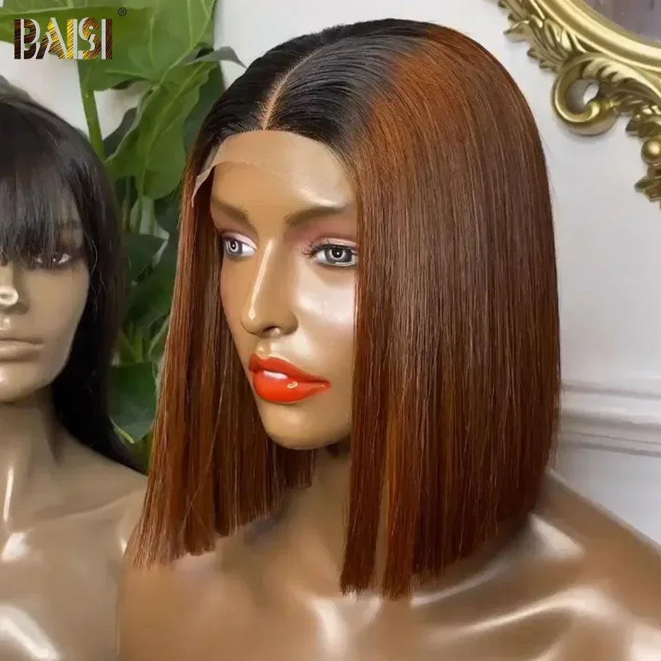 BAISI 4X4 Perruques de Luxe Haute Qualité 200% Densité  Lisse 12 Pouce Marron avec racine noir 1BT4# A1 Fabriquées par les cheveux double drawn mèches vièges volume plus de 20 ans d' utilisations