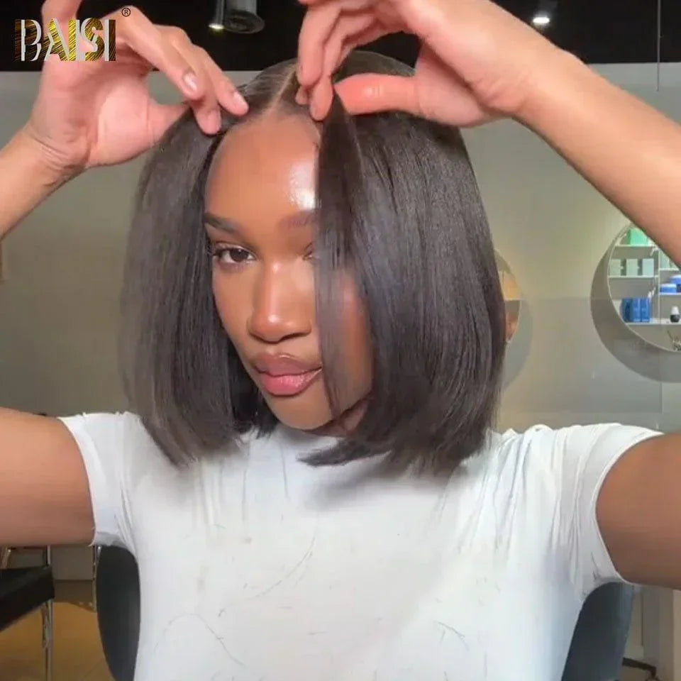 BAISI 4x4 Closure Perruque Kinky Straight 200% Densité 10-14 Pouces