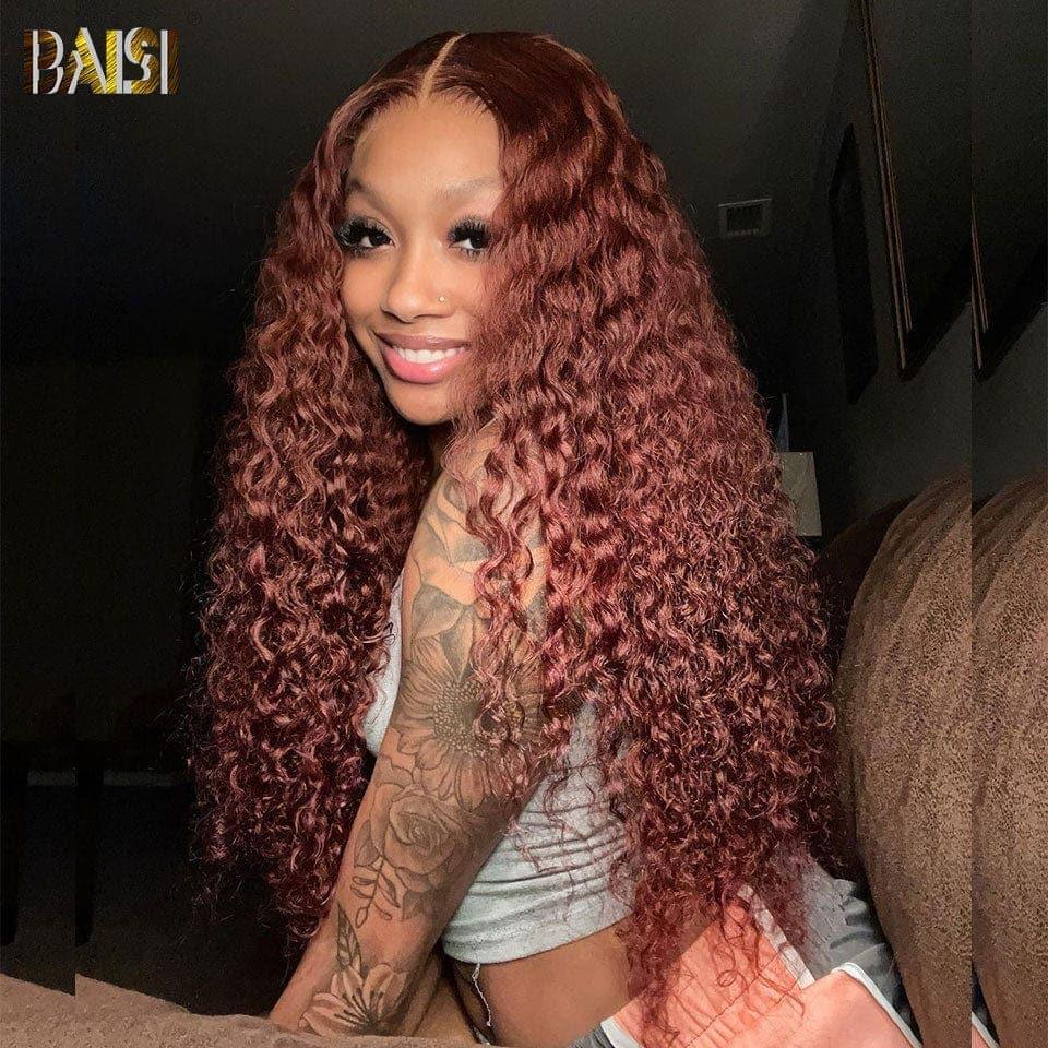 Peruca frontal encaracolada BAISI 4x4 em marrom # 4 pré-arrancada, sem necessidade de cola em cabelo 100% cru, renda já cortada