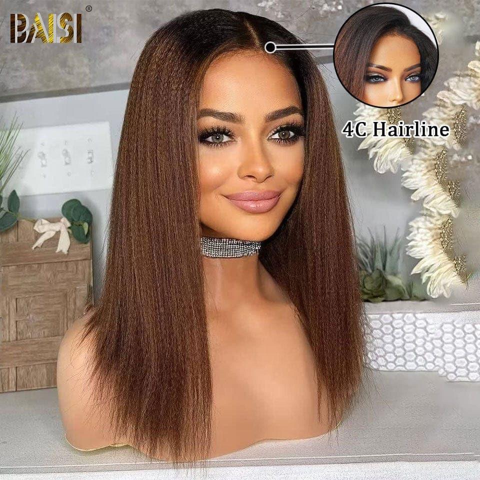 BAISI 4x4 Bob Wig Kinky Straight Brown 1BT4 # em alta qualidade com cabelo natural de bebê pré-arrancado sem necessidade de cola em cabelo 100% cru Renda já cortada linha fina 4C
