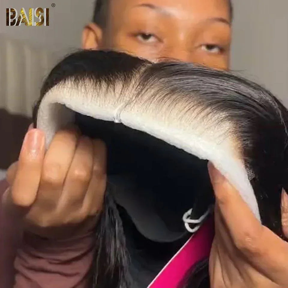 BAISI 4x4 Perruque Lisse en Noir Sans Colle Lace déjà couper Facile à Porter en 100% Cheveux Humains