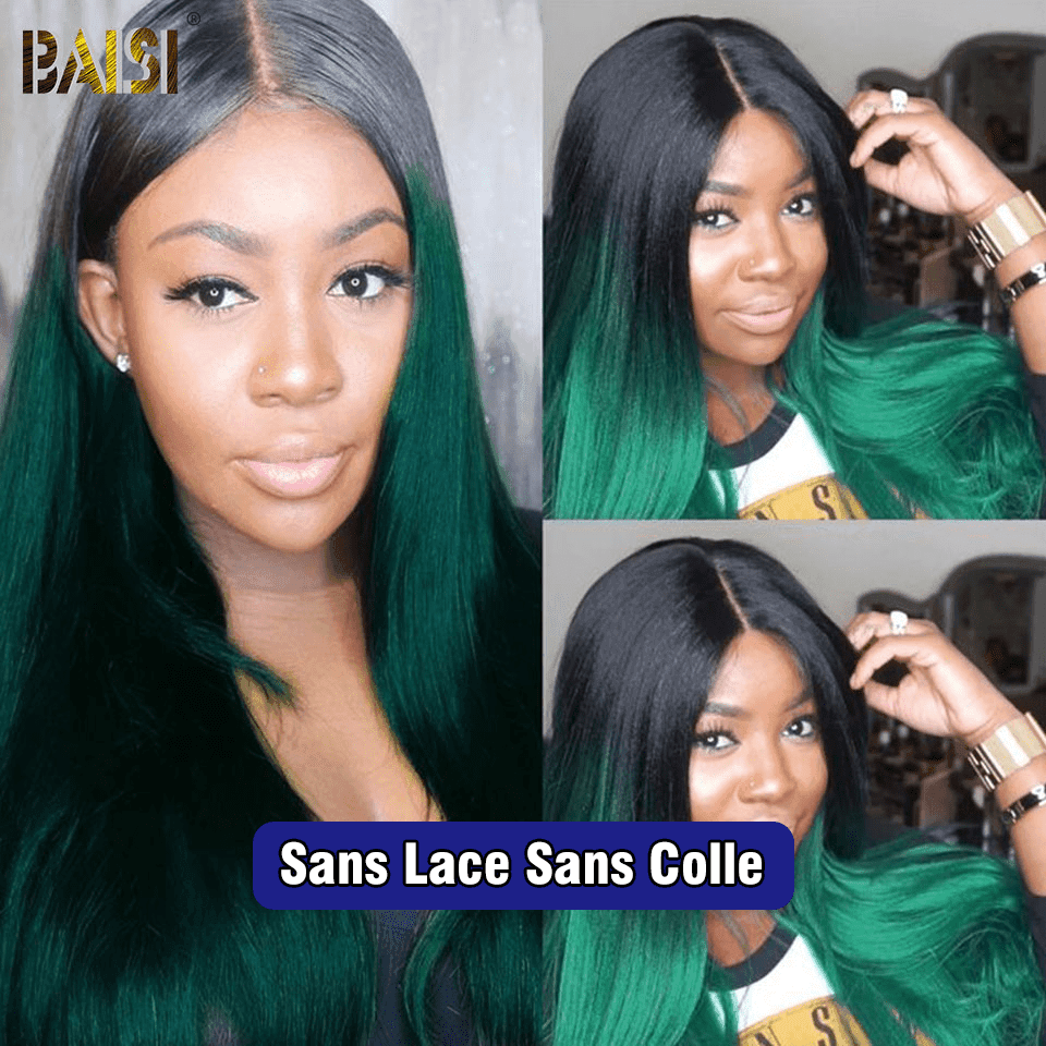 BAISI 4x4 peruca reta na cor # 1B verde sem cola com corte frontal fácil de usar em cabelo 100% humano