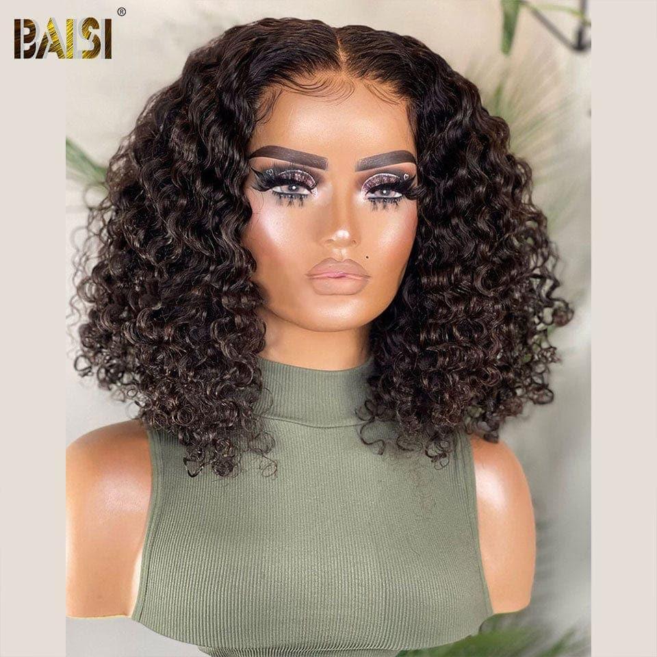 BAISI 4x4 Bob Deep Wave Wig in Black Glueless Lace Front Cut Easy to Wear 100% Human Hair