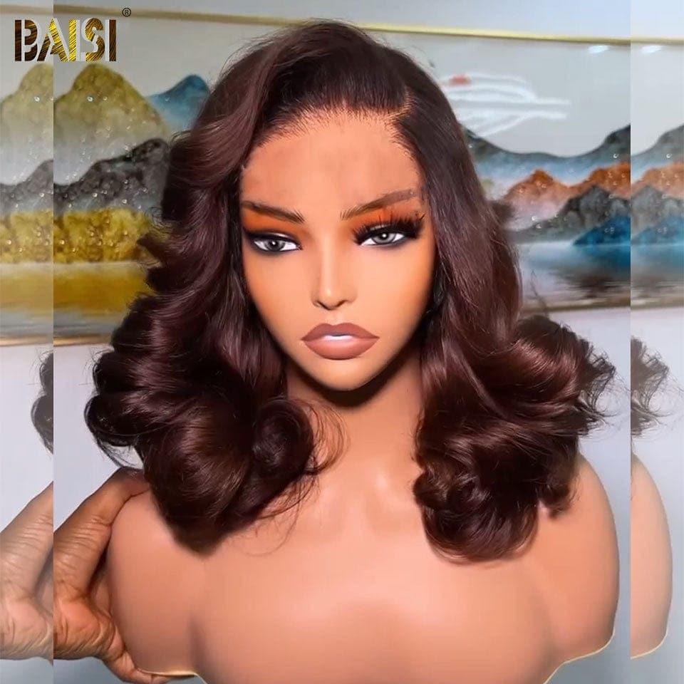 BAISI 4X4 Bob Body Wave Perücke in Braun #4 vorgezupft, kein Kleber erforderlich, in 100 % Rohhaar, Spitze bereits geschnitten
