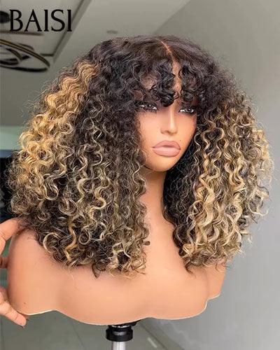 BAISI Luxus-Eierwellen-Perücken mit Pony, hergestellt aus doppelt gezogenem Haar mit natürlichem Mittelscheitel, 300 % Dichte