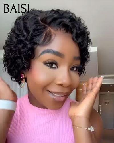 BAISI Perruque Pixie curly Wave 69€ en Couleur noir En 100% Cheveux Humains