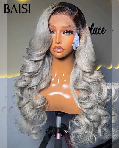 BAISI Collection Poivre et Sel 13X4 Frontal Perruque Body Wave grise claire mixte violet  En 100% Vrais Cheveux Humains