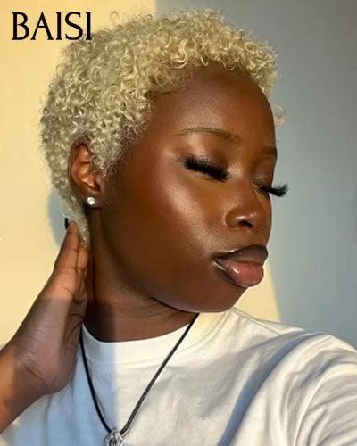 BAISI 13X4 Frontale  Perruque Pixie  petite coupe NOIR 6 pouces 79€ ou 1 pixie Blonde Curly  108€ En 100% Cheveux Humains