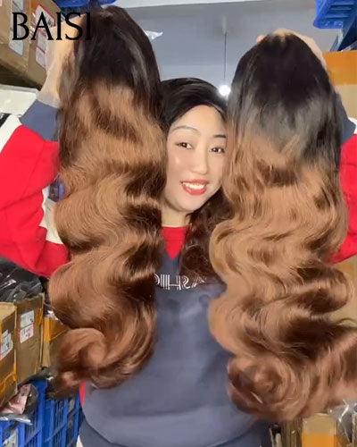 BAISI 13x4 Frontal-Körperwellen-Perücke in Braun #1B4, vorgezupft, kein Kleber erforderlich, aus 100 % Rohhaar, Spitze bereits geschnitten