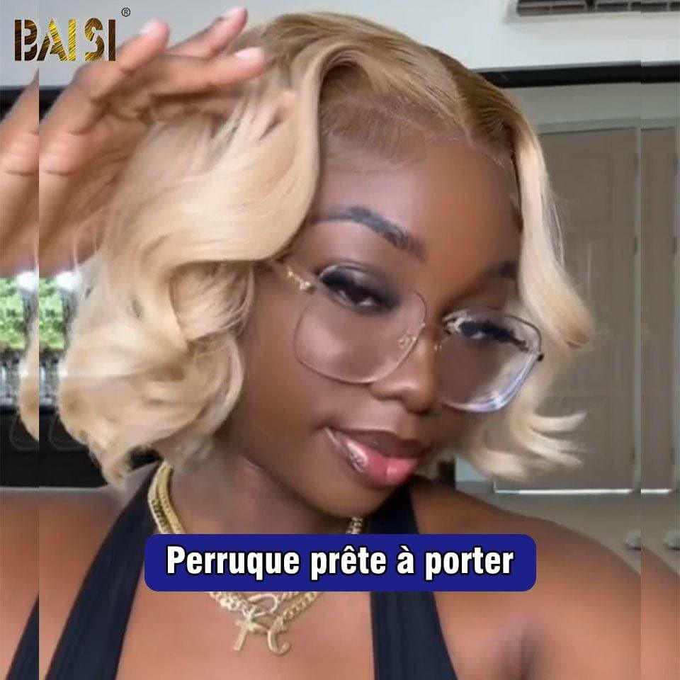BAISI 13X4 Bob Body Wave Perücke in Blond #4T613, vorgezupft, kein Kleber erforderlich, in 100 % Rohhaar, Spitze bereits geschnitten
