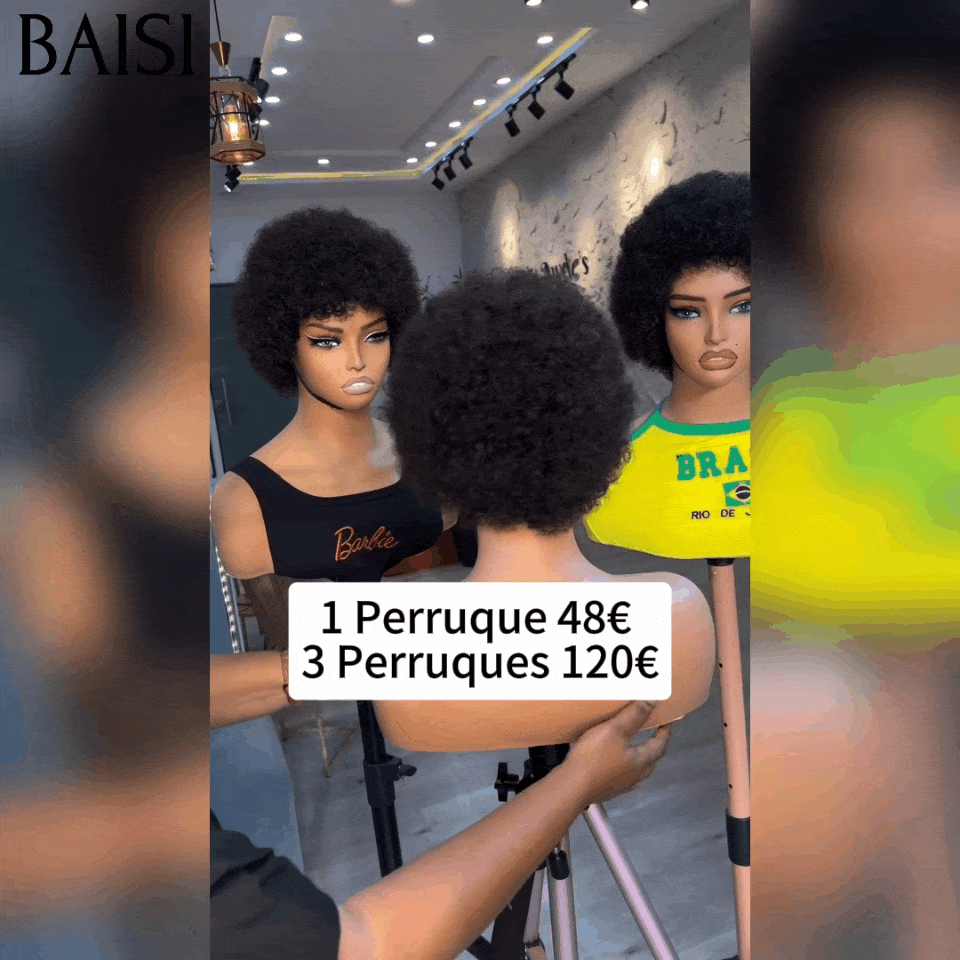 BAISI 3 Perruques 120€ Pixie Afro sans lace sans colle bouclé partout Noir en 100% cheveux humains