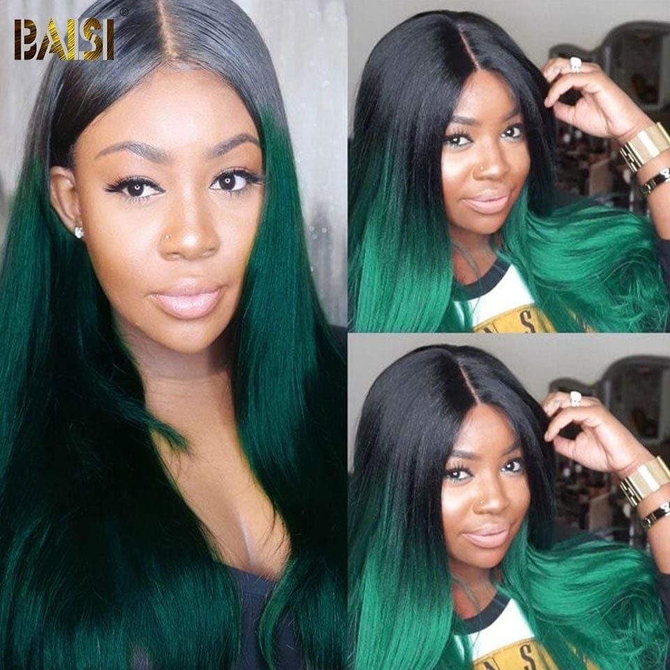 BAISI 4x4 peruca reta na cor # 1B verde sem cola com corte frontal fácil de usar em cabelo 100% humano