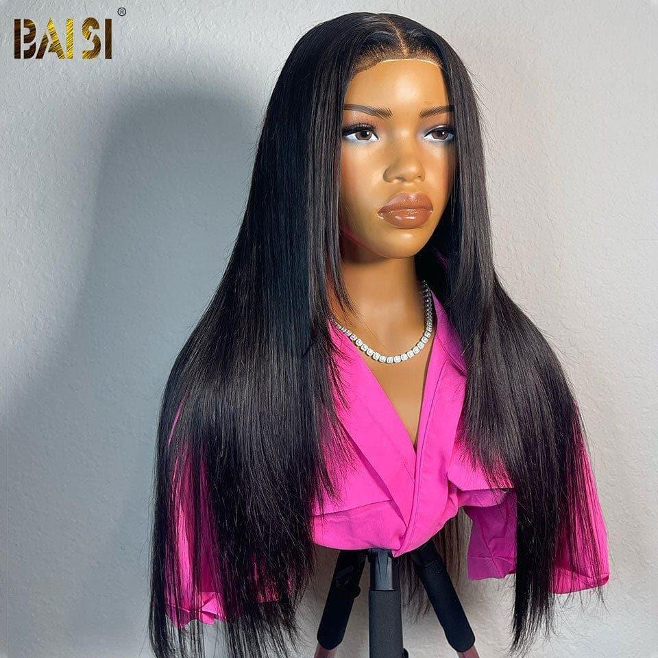 BAISI 4x4 Perruque Lisse en Noir Sans Colle Lace déjà couper Facile à Porter en 100% Cheveux Humains