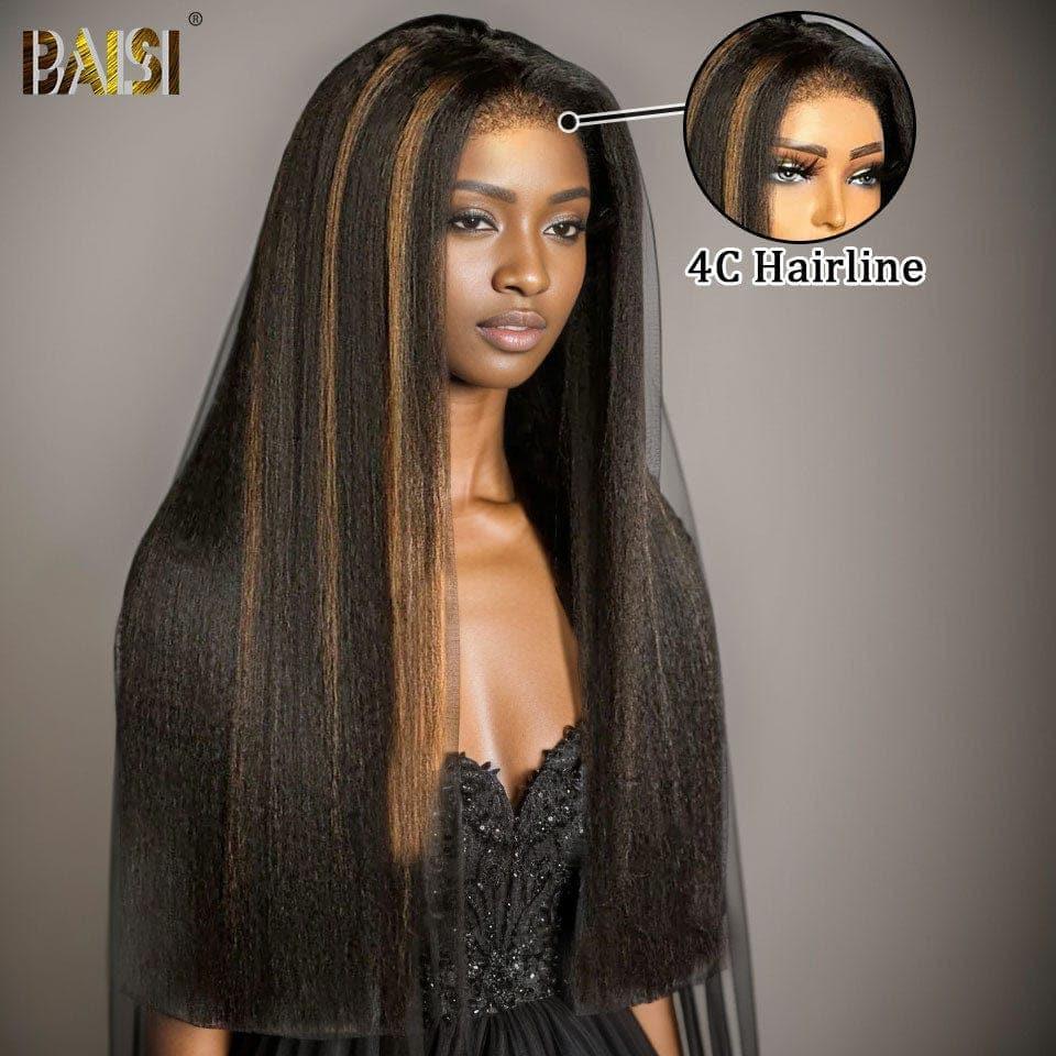 Peluca de encaje BAISI 4X6 Kinky Straight en color #1B #27 reflejos en gama alta con cabello de bebé encaje natural sin cola 100% cabello humano real 4C Hairline