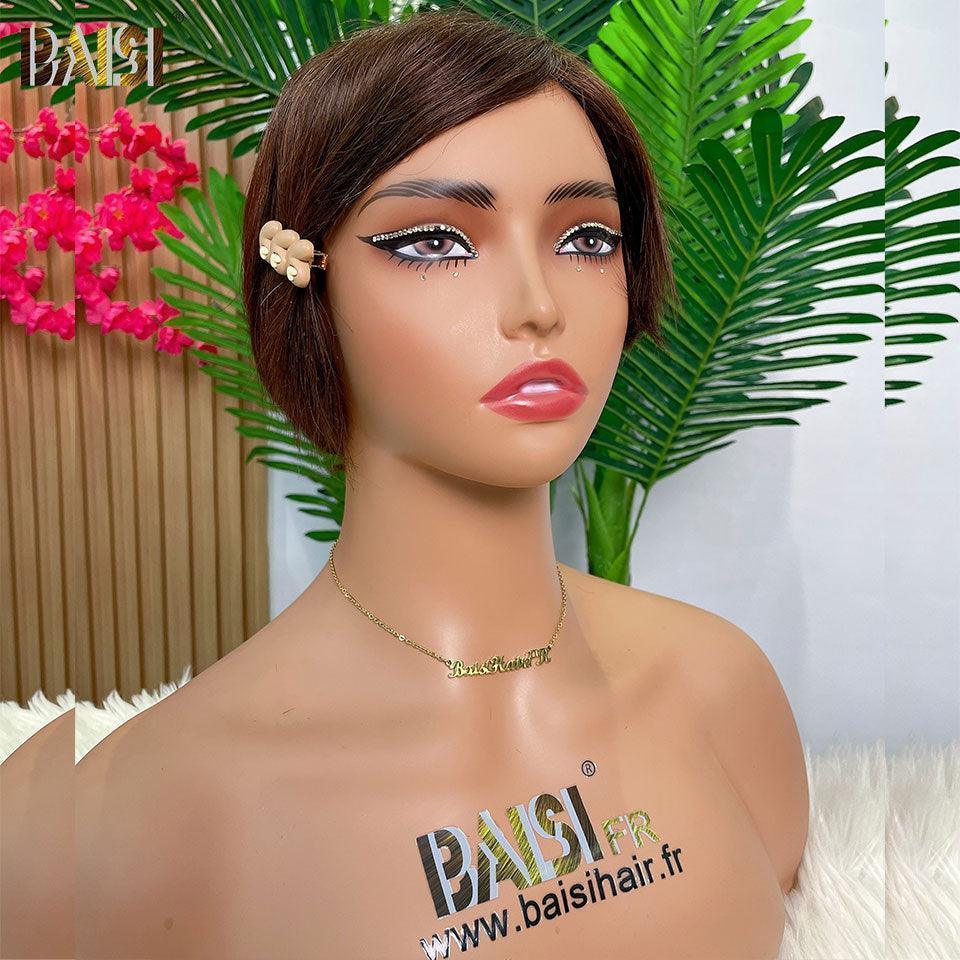 BAISI Achetez 2 perruques minimum au prix d'usine fournisseu  Perruque Pixie Lisse En Couleur Marron ou curly wave NOIR en 100% Cheveux Humains Fabriquée A La Machine Pas Besoins De Code