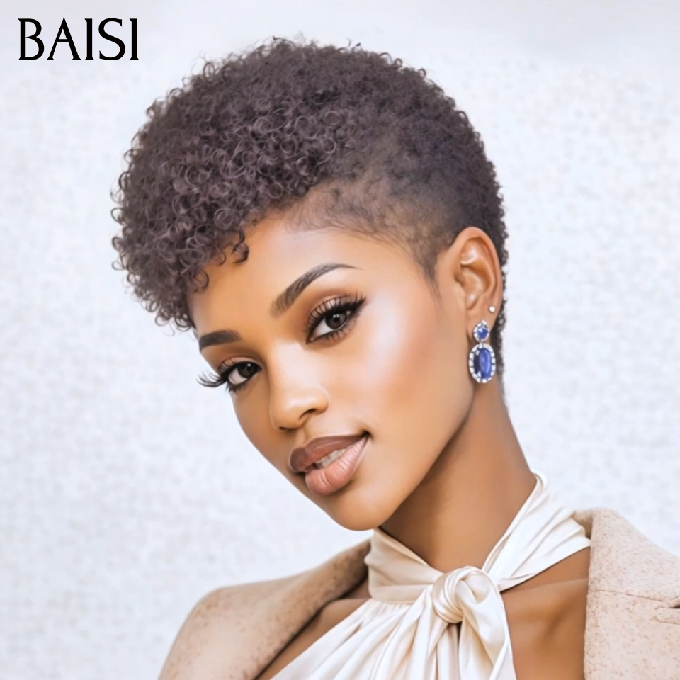 BAISI 2 perruques courtes 60€ OFFRE FLASH pixie afro et Lisse Sans Colle NOIR Fabriqué à la Machine Promotion en 100% Cheveux Humains