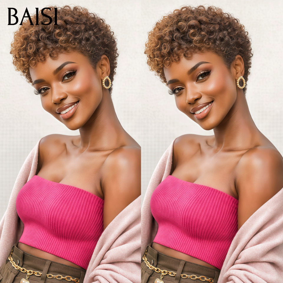 BAISI 2 perruques 69€ pixie Sans Colle Moitié prix produit Coupe 2 couleurs NOIR ou Marron en 100% Cheveux Humains
