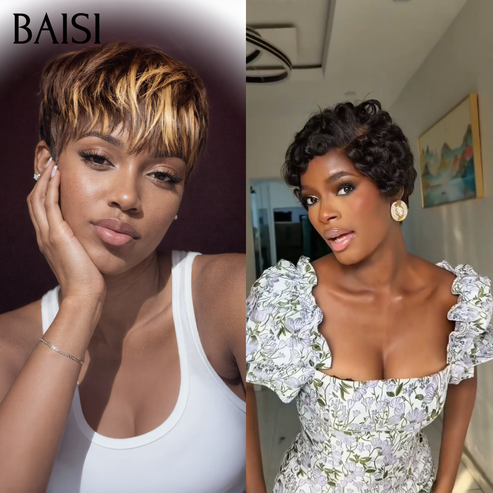 BAISI 2 Courte 76€ pixie ou  Pour 3 Perruques Vente Combinée 79€ 100% Cheveux Humains Fabriqué à la Machine