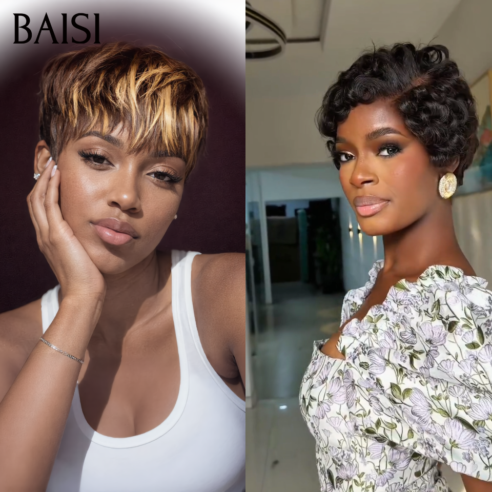 BAISI 2 Courte 76€ pixie ou  Pour 3 Perruques Vente Combinée 79€ 100% Cheveux Humains Fabriqué à la Machine