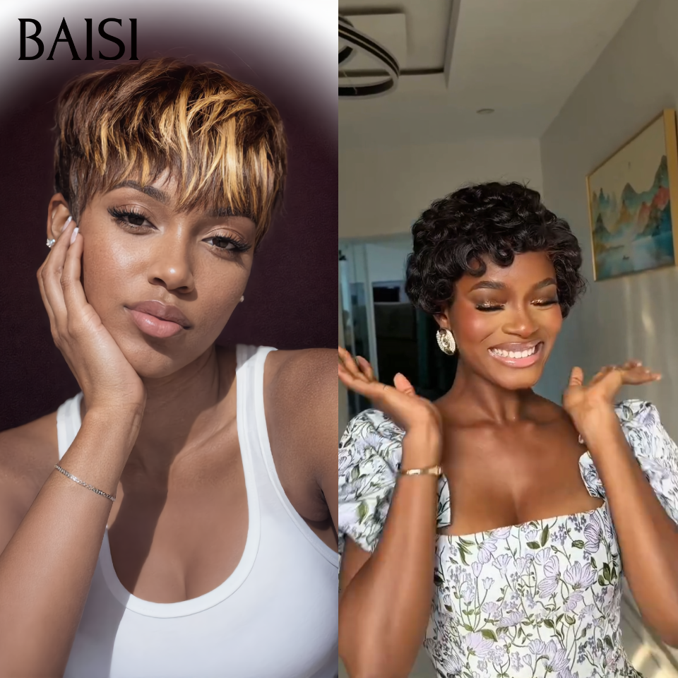 BAISI 2 Courte 76€ pixie ou  Pour 3 Perruques Vente Combinée 79€ 100% Cheveux Humains Fabriqué à la Machine
