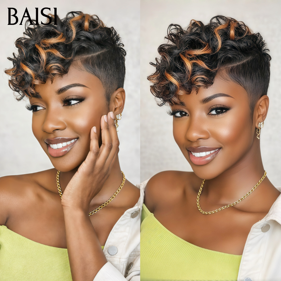 BAISI Perruque Pixie Sans Colle 69€ Naturelle wave OFFRE FLASH NOIR Mixte brun Fabriqué à la Machine Promotion en 100% Cheveux Humains