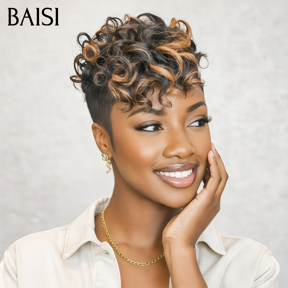 BAISI Perruque Pixie Sans Colle 69€ Naturelle wave OFFRE FLASH NOIR Mixte brun Fabriqué à la Machine Promotion en 100% Cheveux Humains