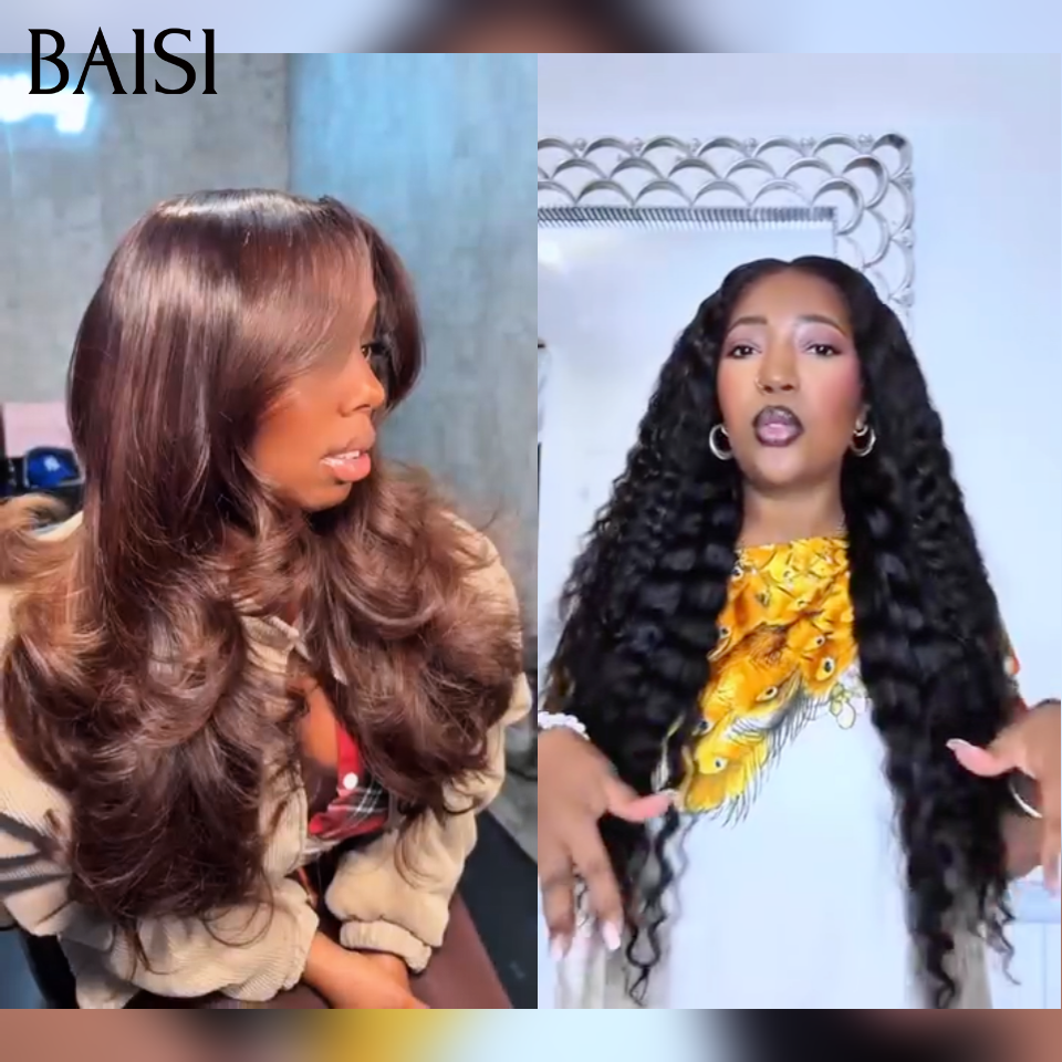 BAISI 2 Perruques 20 pouces 189€ lace frontal deep wave noir et body wave marron en 100% cheveux humains