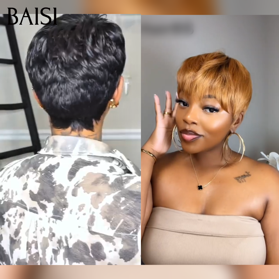 BAISI  Grande Promo 2 perruques 75€ petite coupe fabriqué à la machine en couleur Miel et NOIR  En 100% Cheveux Humains