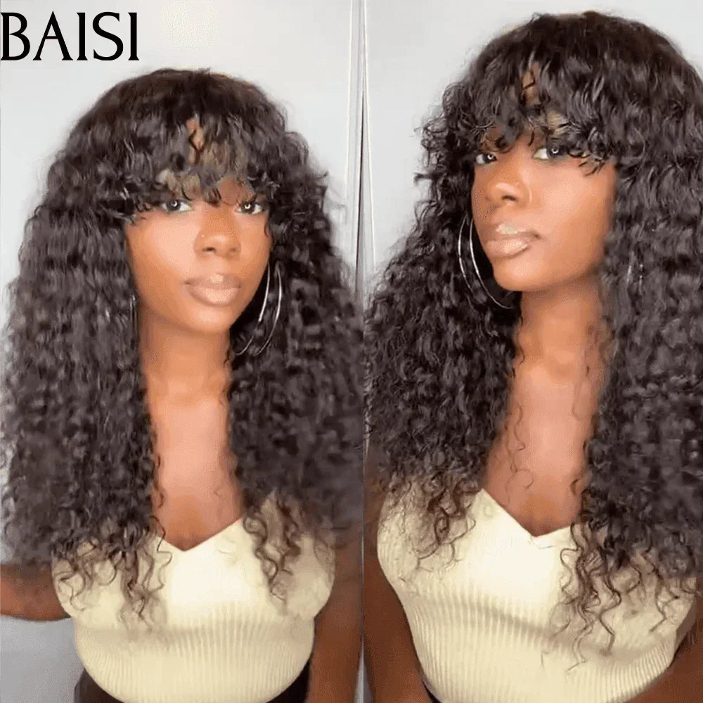 BAISI Perruque Kinky Curly Bouclée avec Frange Noir 85€ 12 Pouces en 100% Cheveux Humains de Bonne Qualité CODE: FR20