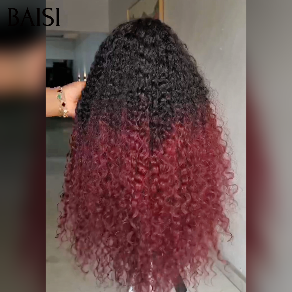 BAISI  13×4 Lace frontal Perruque Curly  wave Moitié Prix en couleur Bordeaux 1BT99J# en 100% Cheveux Humains