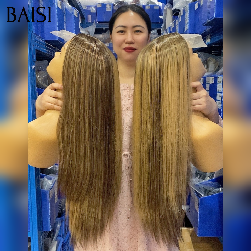 PROMO 13×4 lace frontal Perruque 24 Pouces 65€ Lisse Marron Mixte Miel 4/27# en Blended human hair